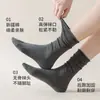 Calcetines blancos para mujer para primavera y otoño, finos, de algodón puro, sin costuras, de longitud media hasta la pantorrilla, antibacterianos 10A, con rayas verticales, borde enrollado, calcetines largos apilados