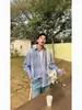 Camisa casual de manga caída, cuello ancho, de un solo botón, a cuadros azules y blancos, ligera y transpirable, corte holgado, estilo coreano, versátil y relajada