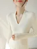 Elegante Suéter de Punto Ajustado con Cuello en V y Textura de Ondas de Agua para Mujer, Jersey de Lana Básico de Manga Larga para Otoño para Usar como Prenda Exterior