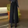 Pantalones rectos de lana gris oscuro plisados de cintura alta hechos a medida para mujer, otoño e invierno, talla petite, tobilleros, fluidos, pierna ancha holgada