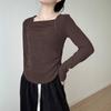 Camiseta Base de Terciopelo para Mujer Manga Larga Otoño e Invierno Interior Forrado de Felpa Engrosada Hombro Cuadrado Deseado Pescado Hueso T Top Cálido