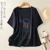 Foto Real de Camiseta Artística de Manga Corta Estilo 2026 para Mujer con Estampado de Gato, Top de Algodón y Lino, Camiseta Básica Casual Transpirable Vintage