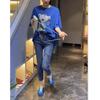 88319 Damei Ai Yuan Verão 2025 Novo Estampado Urso Azul Meia-Manga Skinny Jeans Moda Feminina