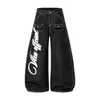 Jeans de calle ligeros estilo americano con estampado de graffiti de alas y costuras visibles, pantalones de algodón unisex de pierna ancha acampanados multibolsillos hasta el suelo