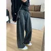 Calça reta casual e relaxada xadrez preto e cinza para mulheres, estilo coreano de outono, corte solto, afina a silhueta, com cintura elástica de cordão