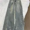 Elegantes jeans de pierna ancha desgastados y rotos para mujer, nuevo modelo de otoño, azul claro, de cintura alta, corte holgado, adelgazantes, pantalones de largo hasta el suelo