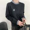 Cardigan de Punto para Mujer, Moda Otoñal de Lana, Diseño Nuevo, Bloques de Color, Borde con Volantes, Dulce y Juvenil con Decoración de Flor de Rosa 3D