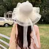 Chapéu de Palha Respirável de Verão com Fita de Malha de Pérolas, Chapéu de Sol de Aba Larga com Laço para Mulheres, Em Estoque Atacado