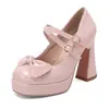 26 Novos Estilos de Sapatos Mary Jane com Laço, Salto Alto Grosso e Solado Plataforma, Sapatos Estilo Rua, Tamanhos Grandes 40-45