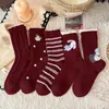 Meias de Lã para Mulheres, Meias de Cano Médio com Desenhos de Animais, Meias Folgadas Doces e Fofas, Espessadas para o Inverno, Meias Quentes Cor Vinho