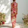 2026 Novo Cruzamento Europeu e Americano Primavera/Verão Francês Casual Elegante Floral Gola Halter Sem Mangas Slim Vestido