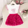 Conjunto de Verão Novo Branco com Mangas Bufantes e Saia Curta Rosa, Conjunto de Roupas para Bebê Estiloso e Fofo em Estoque