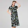 Processamento Personalizado Vestido Estampado de Manga Curta de Seda com Gola Redonda para Mulheres, Feito de Seda de Amora, Elegante Vestido Longo Plus Size de Caimento Solto