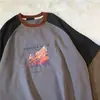 Camiseta de Verano con Estampado de Dibujos Animados Estilo Coreano Estudiante Cuello Redondo Pareja Mujer Manga Corta Top Holgado Oversize Estudiante Mujer