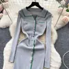 Vestido de punto chic de Corea del Sur para otoño, vintage, con solapa de color contrastante, de un solo botón, entallado a la cintura, con temperamento, abertura en la cadera