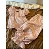 Pijama de manga corta con estampado de cerezas, estilo coreano dulce para mujer, pantalones largos de encaje de verano, conjunto de ropa para el hogar para niña
