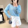 Blusa Leve Macia de Manga Longa BI Macaron Lazy com Abertura em T e Decote V para Viagem, Pulôver Solto que Cobre a Barriga
