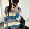 Cárdigan de punto a rayas degradadas bicolor para mujer, nuevo suéter chaqueta casual suave y holgado de cuello redondo para primavera y otoño