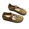 Sapatos redondos artísticos de couro de coelho fofo 2023 primavera e verão novos com fivela plana, sola macia, couro bovino, sapatos femininos