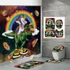 Cortina de Ducha Divertida de Dinosaurio y Unicornio Juego de Cuatro Piezas Alpaca Espacial Impresión Digital Cortina de Ducha Impermeable para Baño y Alfombrilla de Piso