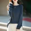 Suéter de Punto de Lino Nuevo Otoño/Invierno 2026 con Borde Enrollado, Cuello Redondo, Manga Larga, Color Sólido, Corte Holgado, Camisa Básica para Mujer