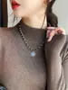 Nova Camada Base Feminina Outono/Inverno Gola Média Alta Primavera/Outono Branco Caxemira Sensação Tricotada Top