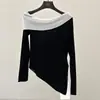 Blusa de Tricô Assimétrica com Blocos de Cor Inspirada no Design Jianhe para Mulheres, Temporada de Primavera, Blusa Irregular de Liocel Slim-Fit 88266