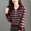 Sudadera con capucha de punto estilo coreano, chaqueta, cárdigan a rayas de punto para mujer, sensación de alta gama, suéter reductor de edad, top moderno, Primavera/Otoño 2026
