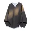 Camiseta de manga comprida estilo G-stone em camadas, falsa peça dupla, para homens, malha waffle, gola V, top casual solto