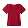 Camiseta Ajustada con Cuello en U Amplio, Prenda Básica de Alta Calidad para Primavera y Verano, Cuello Bajo, Manga Corta, Tops Delgados y Versátiles para Mujer