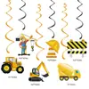 Decorações de bandeirinhas de aniversário infantis com tema de veículos de construção, toppers de bolo de escavadeira, suprimentos de decoração para festas