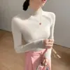 Camiseta Básica de Punto de Cachemir Ajustada Adelgazante de Color Sólido Todo-partido de Cuello Semi-alto de Gama Alta sin Costuras