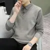 Camisa Falsa de Dos Piezas Nueva para Otoño e Invierno para Hombre, Top Cálido de una Pieza, Suéter de Punto Grueso con Forro de Felpa para Jóvenes, Suéter