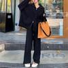 Calça larga estilo coreano, preguiçosa, esportiva, de perna larga, conjunto de suéter, feminino, outono e inverno, cardigã de tricô com zíper, conjunto casual de duas peças