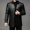 Jaqueta de Couro Masculina com Gola Reversível, de Botão Único, Comprimento Médio, Forrada com Lã, Jaqueta de Couro Espessa, Novo Estilo Outono e Inverno 2024, Casaco de Pai