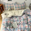 Juego de cuatro piezas de algodón estilo minimalista, sábana bajera a cuadros sencilla, sábana de cama de algodón lavado de una pieza, funda de edredón, ropa de cama a rayas