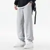 Calça de Moletom Esportiva Cinza para Homens, Perna Larga Reta de Caimento Solto, Estilo Primavera e Outono, Calça Longa Casual da Moda com Cordão e Bainhas Caneladas
