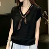 Bufanda de seda de venta caliente en verano, cuello en V calado, tejido de seda helada con mangas de vuelo, top delgado calado a cuadros estilo coreano, elegante para mujer