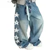Calça jeans azul para mulheres, modelagem solta, perna larga, corte reto, lavada, design retro americano