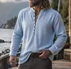Amazon Transfronteiriça Masculina de Linho Casual com Gola Alta Camiseta Henley de Manga Longa Material de Linho Camisa Henley Vintage