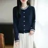 Cardigan de Lã Fina Estilo Novo Primavera e Outono para Mulheres, Jaqueta Tricotada de Manga Longa com Gola Redonda e Design Jacquard Color-Blocking, Peça de Roupa Exterior Juvenil