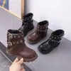 Botas Martin Negras para Niña con Forro de Polar, Correa con Hebilla, Cremallera Lateral, Suela Gruesa, Estilo Motociclista Fresco y Elegante, Botas de Cuero de Media Pantorrilla Otoño/Invierno