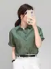 Camisa de Hombro de Manga Corta de Algodón Lino Verde para Mujer Verano Delgada de Alta Gama Super Bonita Camisa de Lino Top con Cuello Polo