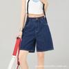 Shorts Jeans Azul Escuro de Corte Reto para Mulheres, Novo Estilo Verão 2026, Cintura Alta, Emagrecedor, Linha A, Solto, Perna Larga, Comprimento Médio