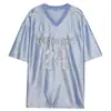2026 Nova Camiseta Casual Esportiva Patchwork de Verão Nicho Retrô com Decote V de Manga Curta no Mesmo Estilo da Camisa do Namorado da Celebridade da Internet