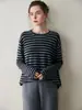 Camiseta Base de Cachemir de Hilo Fino a Rayas de Longitud Media para Mujer, Suéter Jersey de Cachemir Elegante con Cuello Redondo para Otoño e Invierno, Regular