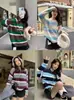 Suéter de Punto con Rayas Redondo de Manga Larga Estilo Coreano 2025 Nuevo Talla Grande Versátil Jersey Casual para Mujer con Bloques de Color y Tendencia de Estilo Perezoso