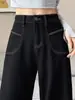 Jeans Anchos de Lujo Negros y Dorados para Mujer Otoño 2026 Nuevos Pantalones de Pierna Recta Acampanados Elásticos de Cintura Alta No Pegajosos