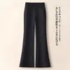 Calça pantalona estilo terno preta para mulheres, adequada para primavera e outono, cintura alta, com caimento fluido, estilo casual e projetada para alongar as pernas, fazendo-as parecer mais longas