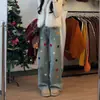 Calça Jeans Wide-Leg Bordada com Florzinhas Tridimensionais para Mulheres 2025 Primavera & Outono Novo Estilo de Natal Calça Reta Pequena Azul Clara